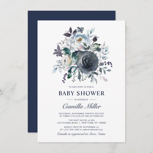 水彩ほこりっぽいブルーネイビーフローラベビーシャワー 招待状 (正面/裏面)