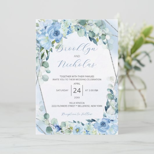 水彩ほこりっぽいブルーバラ結婚式招待状 招待状 (スタンド正面)