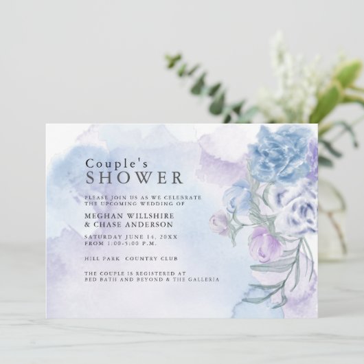 水彩ほこりっぽいブルーフローラシャワー 招待状 (スタンド正面)