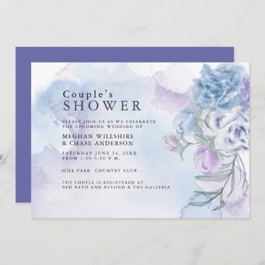 水彩ほこりっぽいブルーフローラシャワー 招待状 (正面/裏面)
