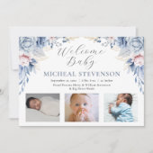 水彩ほこりっぽいブルーフローラボーイ3写真誕生 案内状 (正面)