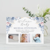 水彩ほこりっぽいブルーフローラボーイ3写真誕生 案内状 (スタンド正面)