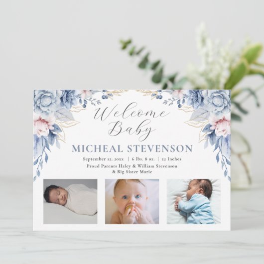 水彩ほこりっぽいブルーフローラボーイ3写真誕生 案内状 (スタンド正面)