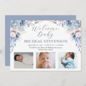 水彩ほこりっぽいブルーフローラボーイ3写真誕生 案内状 (正面/裏面)