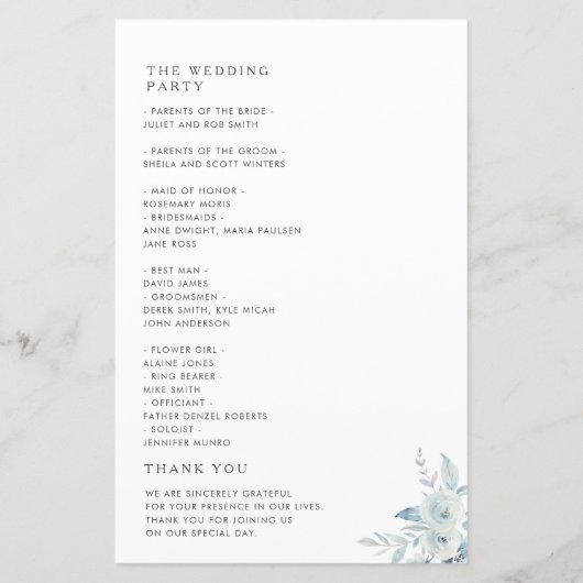 水彩ほこりっぽいブルーフローラ結婚式プログラム (裏面)