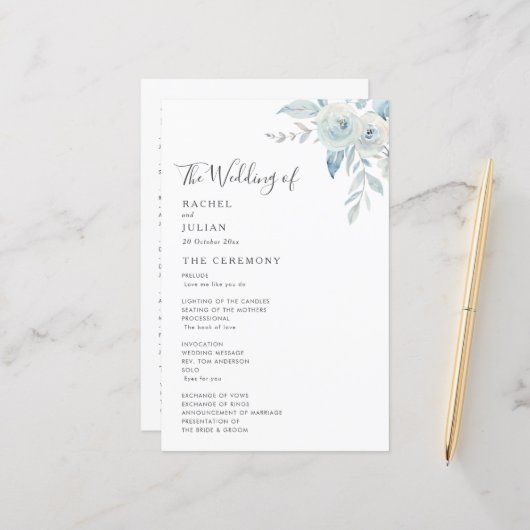 水彩ほこりっぽいブルーフローラ結婚式プログラム (正面/裏面インサイチュ)