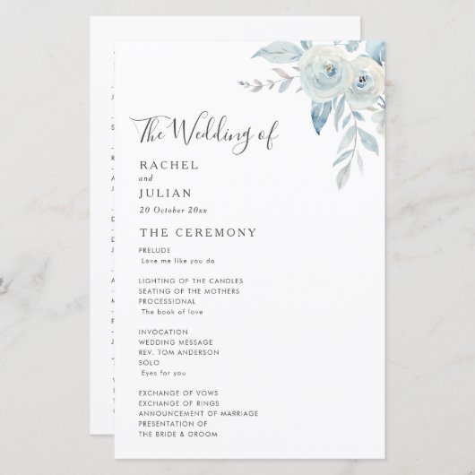 水彩ほこりっぽいブルーフローラ結婚式プログラム (正面/裏面)