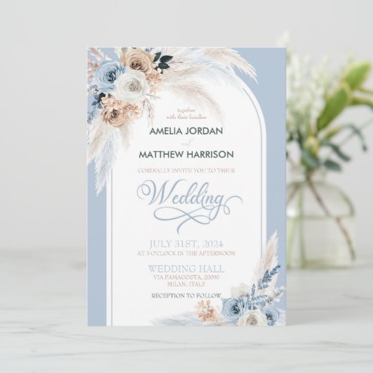 水彩ほこりっぽいブルーボホフローラフェザー結婚ズ 招待状 (スタンド正面)