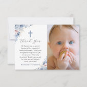水彩ほこりっぽいベビーブルーフローラ写真バプテスマ サンキューカード (正面)