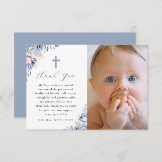 水彩ほこりっぽいベビーブルーフローラ写真バプテスマ サンキューカード (正面/裏面)