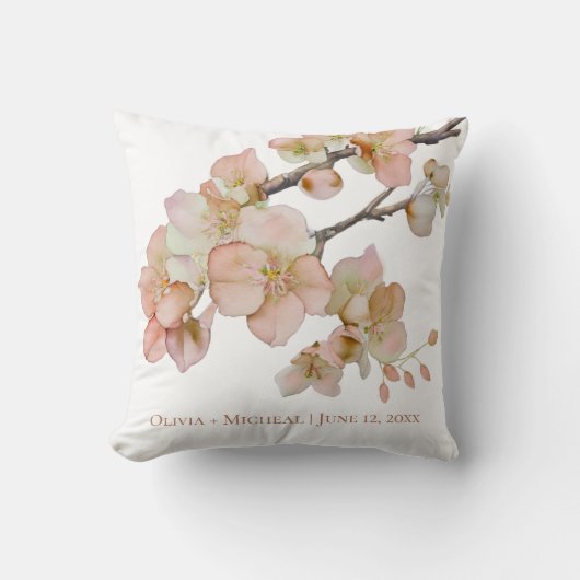 水彩ほこりっぽい柔らかいオレンジ色のピンクの木の花 クッション (正面)