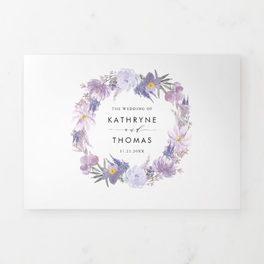水彩ほこりっぽい紫の花植物性結婚の 三つ折り招待状 (カバー)