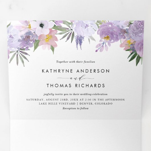 水彩ほこりっぽい紫の花植物性結婚の 三つ折り招待状 (内部最初)
