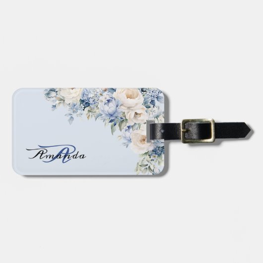 水彩ほこりっぽい青いアイボリー花 ラゲッジタグ (正面横)