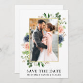 水彩ほこりっぽい青いバラ日付カードを保存 セーブザデート (正面/裏面)