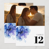 水彩ほこりっぽい青いフローラフォトテーブル番号 招待状 (正面/裏面)