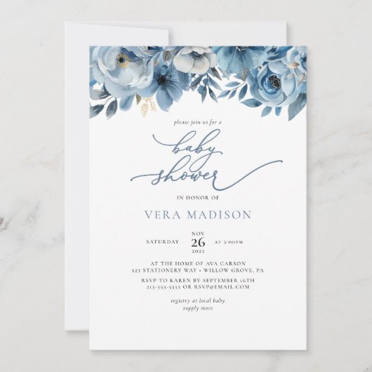 水彩ほこりっぽい青い冬の赤ちゃんシャワー 招待状 (正面)