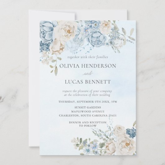 水彩ほこりっぽい青い花のバラ結婚ズ 招待状 (正面)