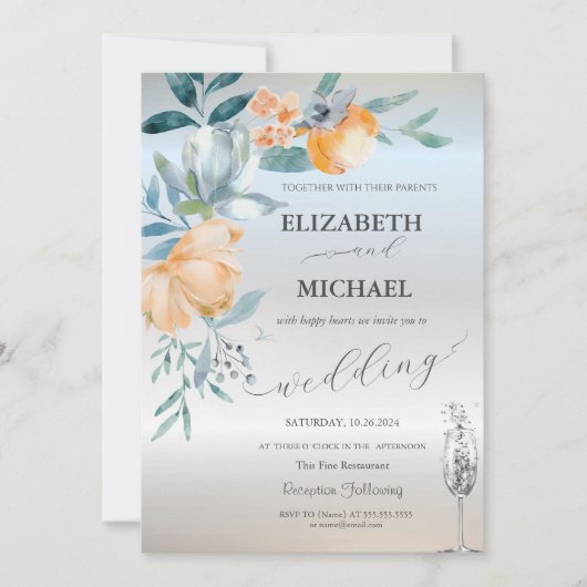 水彩ほこりっぽい青い花ワイングラス銀 招待状 (正面)