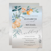 水彩ほこりっぽい青い花ワイングラス銀 招待状 (正面/裏面)