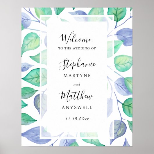 水彩ほこりっぽい青い葉緑の葉結婚の ポスター (正面)
