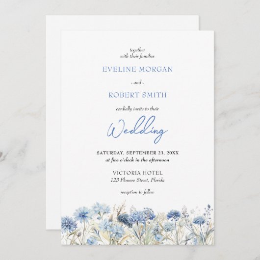 水彩ほこりっぽい青い野生の花の結婚式を招待 招待状 (正面/裏面)