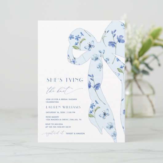 水彩ほこりっぽい青ノットの結び付けブライダルシャワー 招待状 (スタンド正面)