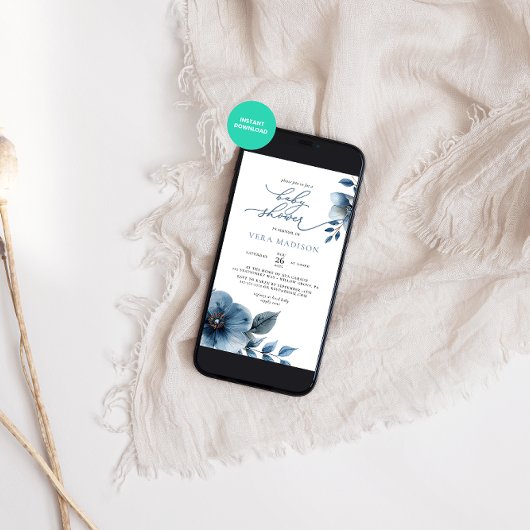 水彩ほこりっぽい青フローラ冬の赤ちゃんシャワー 招待状