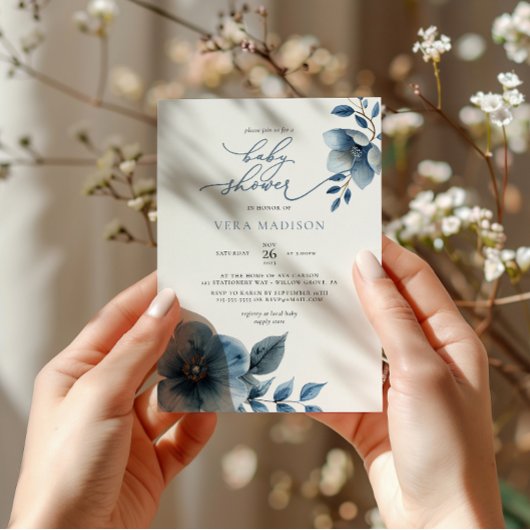 水彩ほこりっぽい青フローラ冬の赤ちゃんシャワー 招待状
