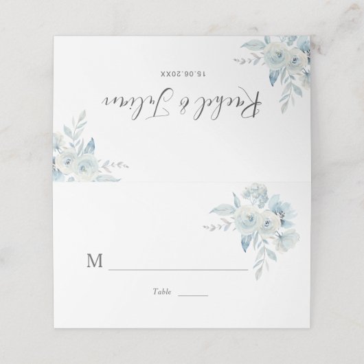 水彩ほこりっぽい青フローラ結婚ズ プレイスカード (外部開封)