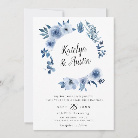水彩ほこりっぽい青フローラ結婚ズ 招待状 (正面)