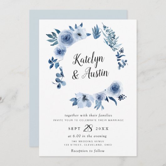 水彩ほこりっぽい青フローラ結婚ズ 招待状 (正面/裏面)