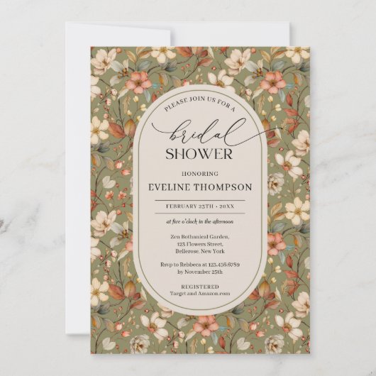 水彩ほこりまみれの緑のアイボリー野草アーチ 招待状 (正面)