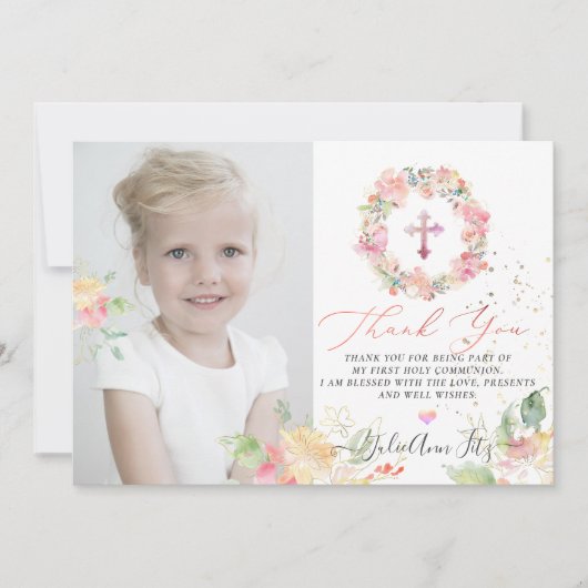 水彩ぼかしローズの聖体拝領感謝カード 招待状 (正面)