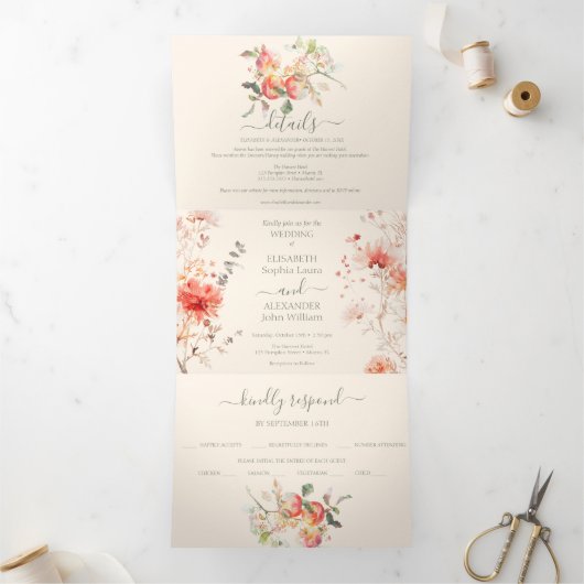 水彩りんごエレガント秋の結婚式 三つ折り案内状 (内部)