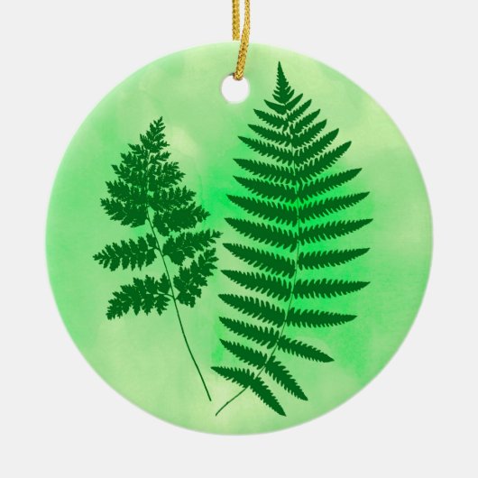 水彩を背景にしたウッドランドファーングリーン セラミックオーナメント (正面)