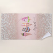 水彩アイスクリームグリッター ボケ ビーチタオル (正面)