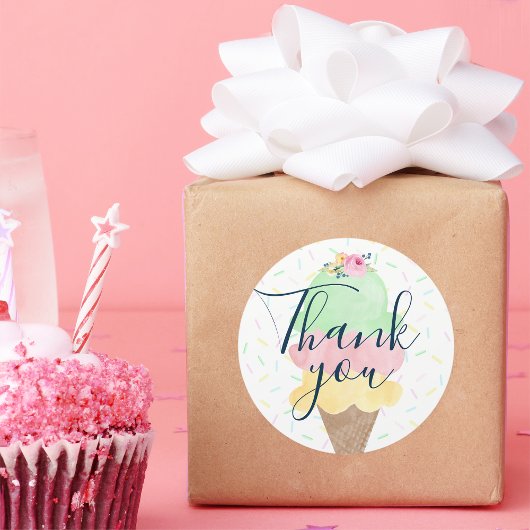 水彩アイスクリームコーンありがとうステッカー ラウンドシール