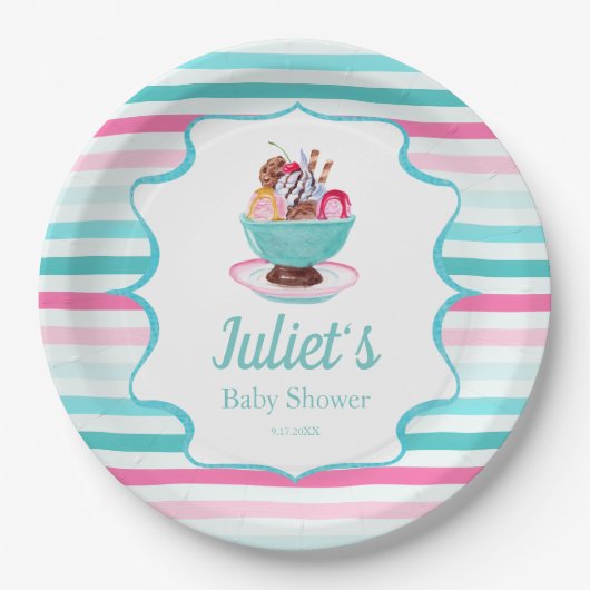 水彩アイスクリームサンデベイビーシャワー ペーパープレート (正面)