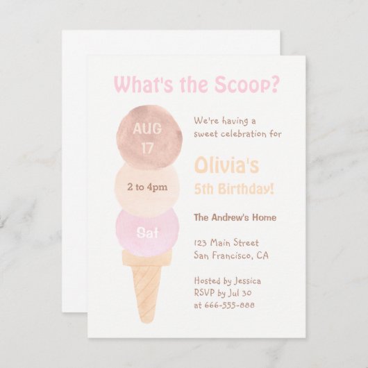 水彩アイスクリームバースデーパーティ招待状 招待状 (正面/裏面)