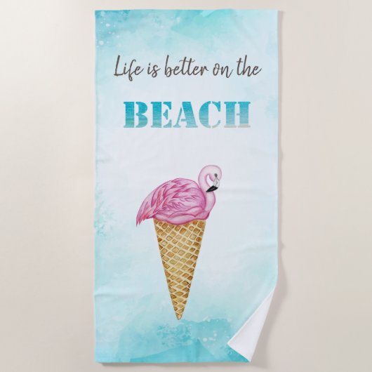 水彩アイスクリームピンクフラミンゴ ビーチタオル (正面)