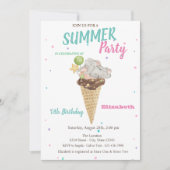 水彩アイスクリームベビーゾウ誕生日パーティー 招待状 (正面)