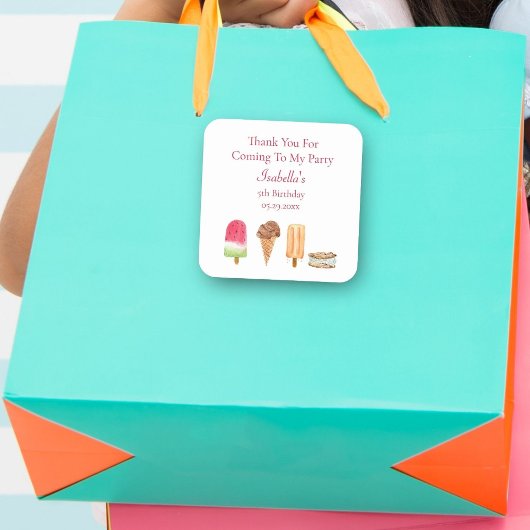 水彩アイスクリーム&アイスキャンディー 誕生日おめでとうございます スクエアシール
