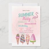 水彩アイスクリーム、フラミンゴスバースデーパーティー 招待状 (正面)