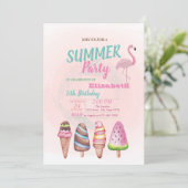 水彩アイスクリーム、フラミンゴスバースデーパーティー 招待状 (スタンド正面)