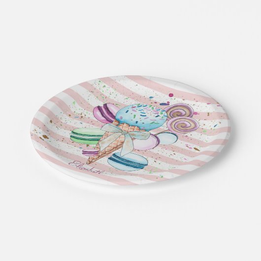 水彩アイスクリーム、マカロン、ピンクストライプ色 ペーパープレート (アングル)