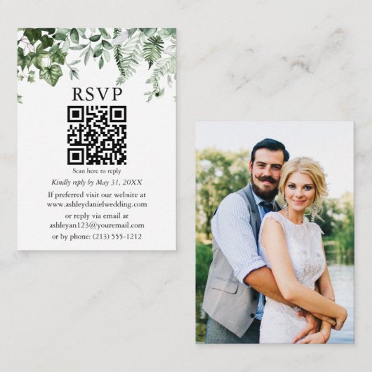 水彩アイビーシダSage写真結婚のQR RSVP エンクロージャーカード (正面/裏面)