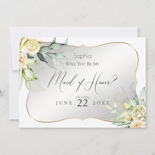 水彩アイボリーイエロー赤面バラメイド・オブ・オーナー(花嫁付き添い人) 招待状 (正面)