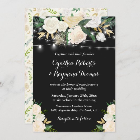 水彩アイボリークリームフローラストリングライト結婚ズ 招待状 (正面/裏面)