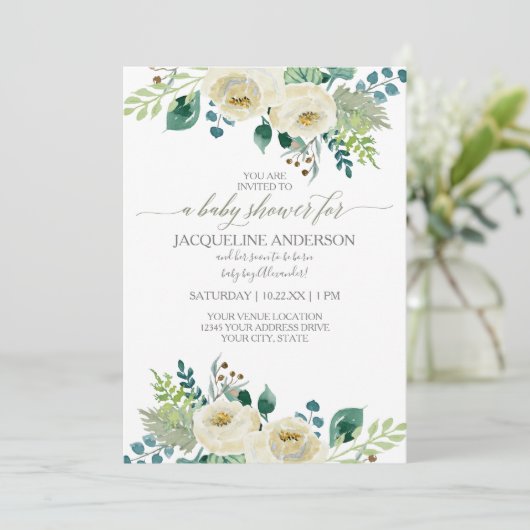 水彩アイボリーバラリーフベビーガールシャワーフローラ 招待状 (スタンド正面)